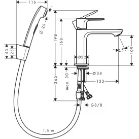 Hansgrohe Rebris S bateria umywalkowa 110 z główką Bidette i wężem 160 cm bez korka 72215670