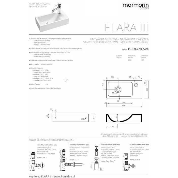 Umywalka meblowa Elara 3 MARMORIN 40x20 Biała PU026030400