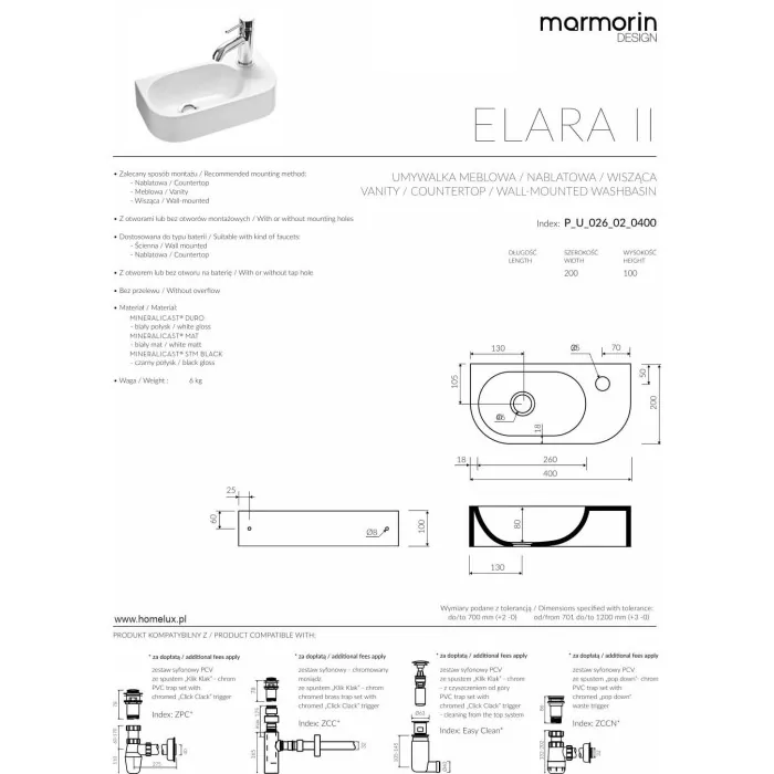 Umywalka Elara II MARMORIN 40x20 meblowa wisząca nablatowa P_U_026_02_400 biała